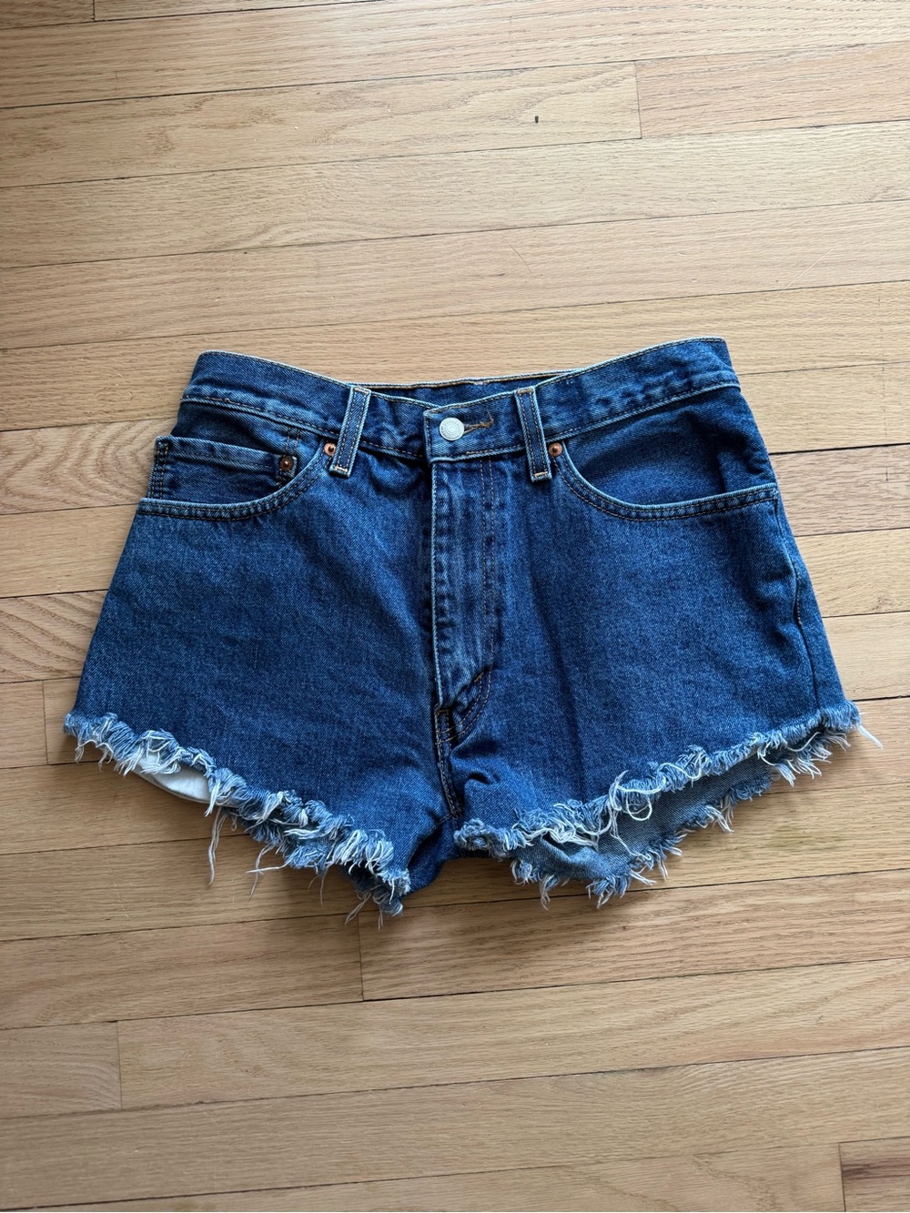 Levi's Dark Blue Mid-Rise Frayed Denim Shorts